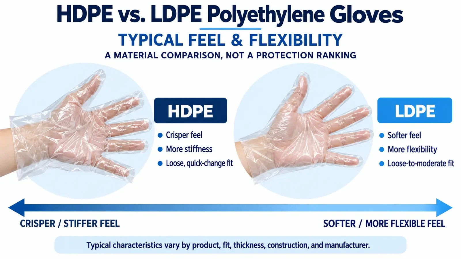 Visual comparison of typical HDPE and LDPE polyethylene glove fit and flexibility