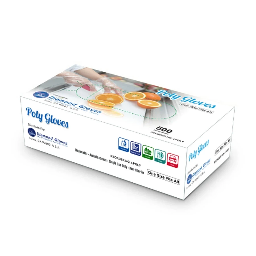 L-POLY Diamond Gloves polyethylene gloves box — powder-free, one size fits all, 500 count